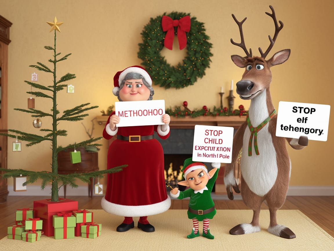 Satirical Christmas Scene: Santa's Festive Troubles in 3D