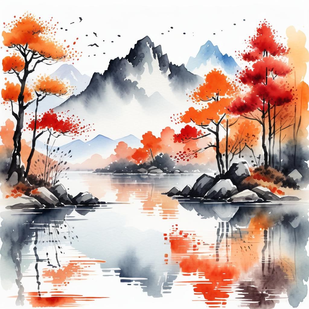 Autumn Lake: Watercolor Painting in Chinese Style