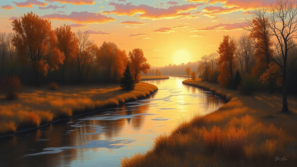 Autumn River Landscape in Impressionistic Style