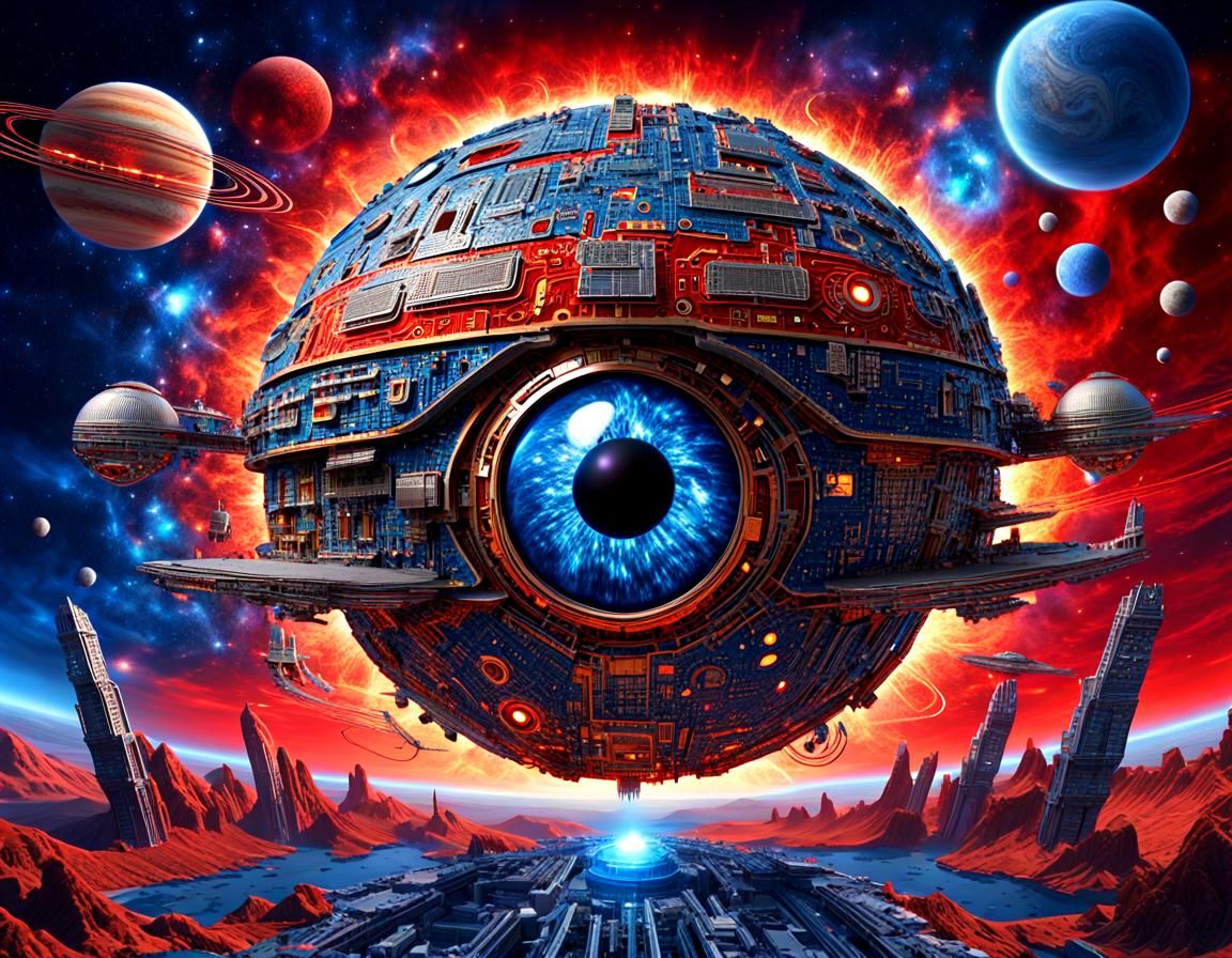 Futuristic Circuit Board Spaceship in Electric Plasma Sea