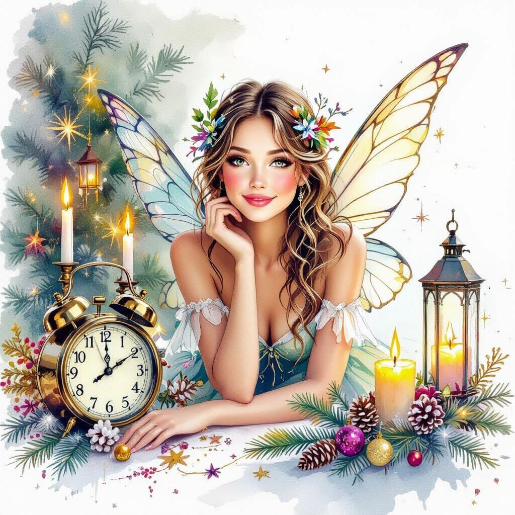 Magical Fairy with New Year Decorations in Watercolor Style