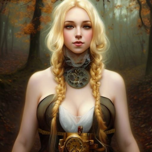 Steampunk Girl Portrait in Autumn Woods, Hyperdetailed Art
