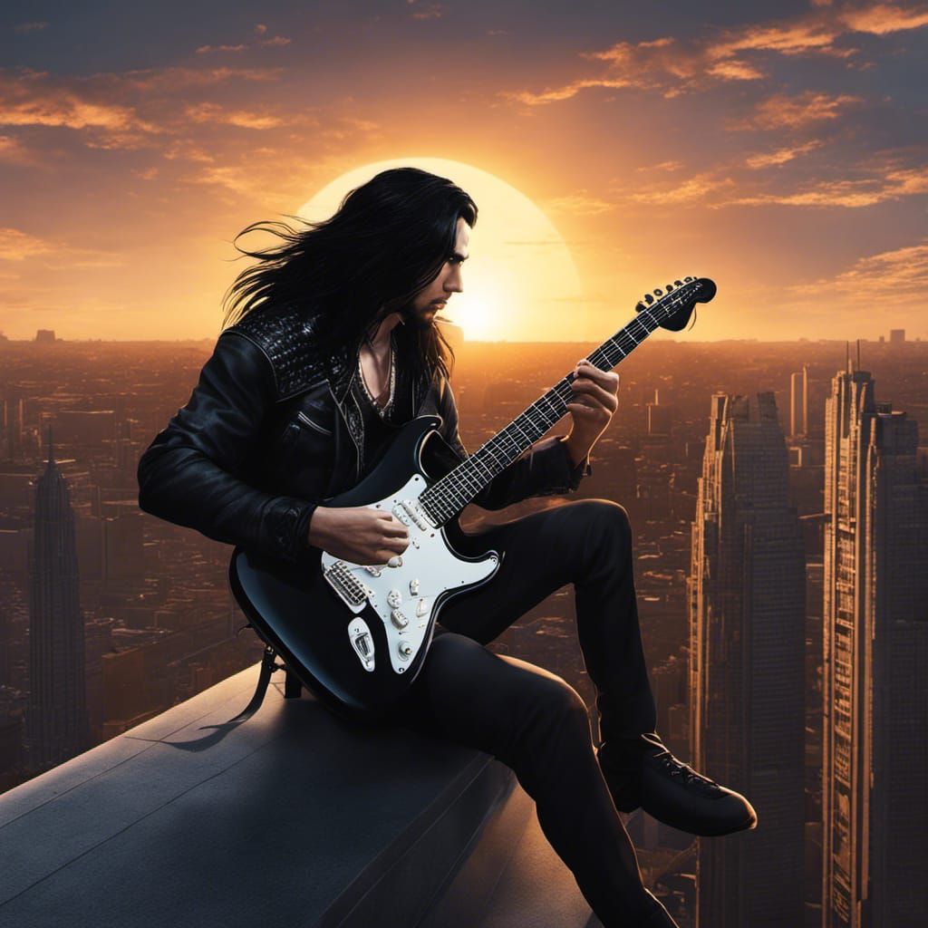 Sunset Guitarist on Rooftop in Goth Fairycore Style