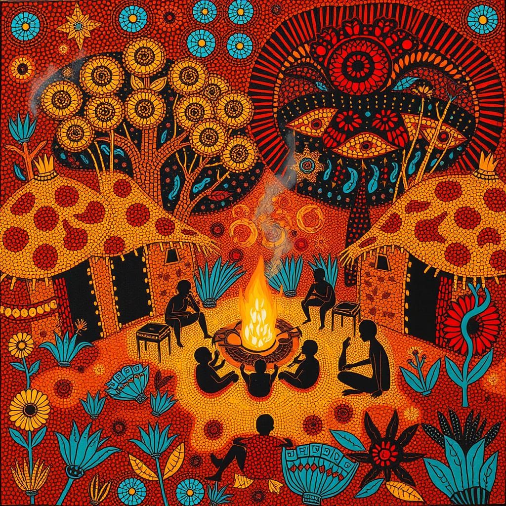 Australian Aboriginal Villagers Gathered Around a Warm Fire