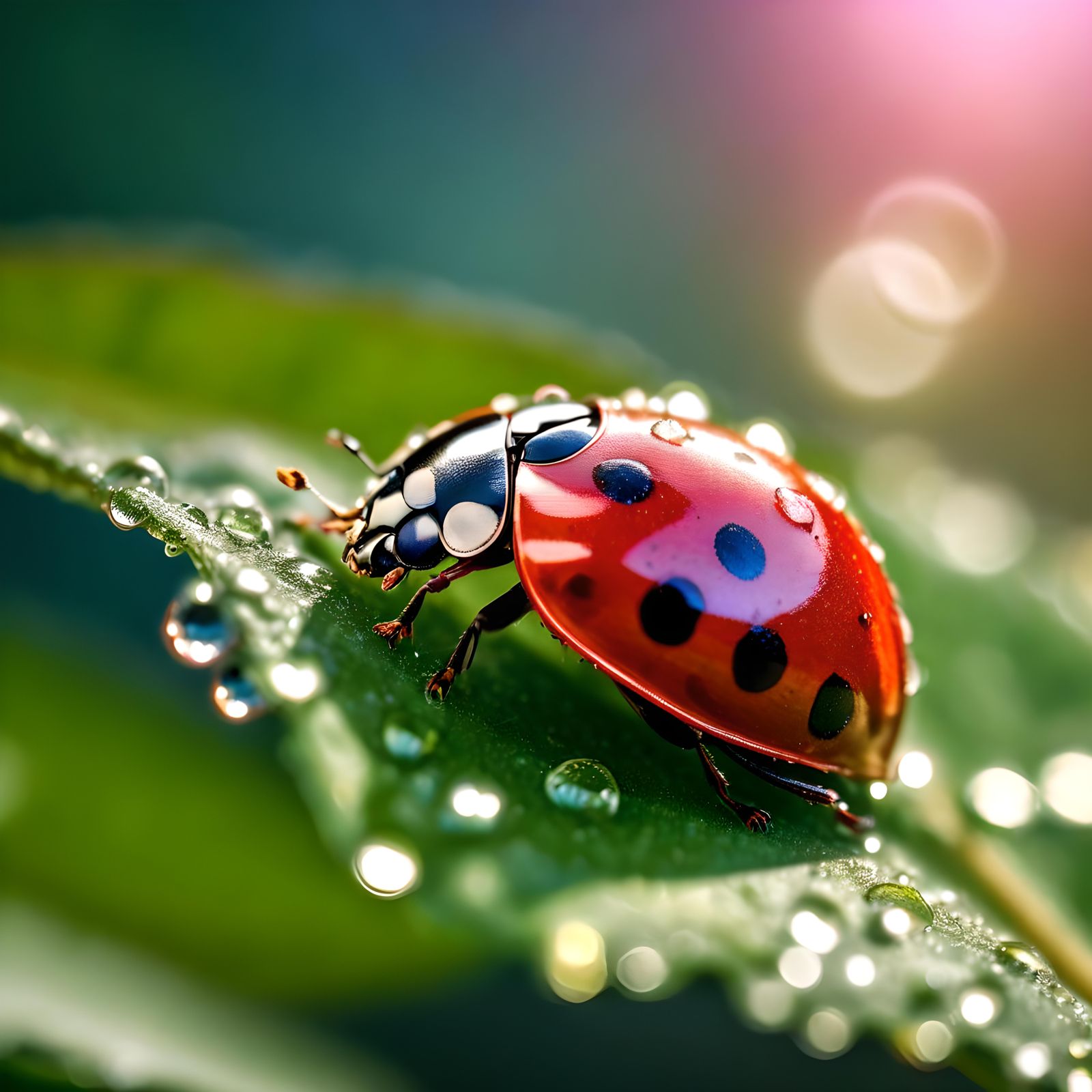 Ladybug on Dew-Kissed Leaf in Hyperreal Detail