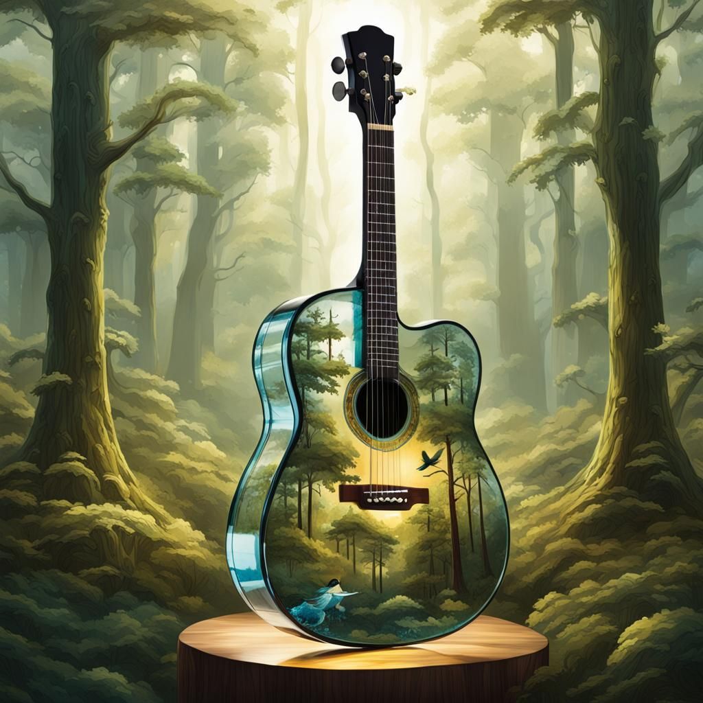 Glass Guitar with Songbird in Forest
