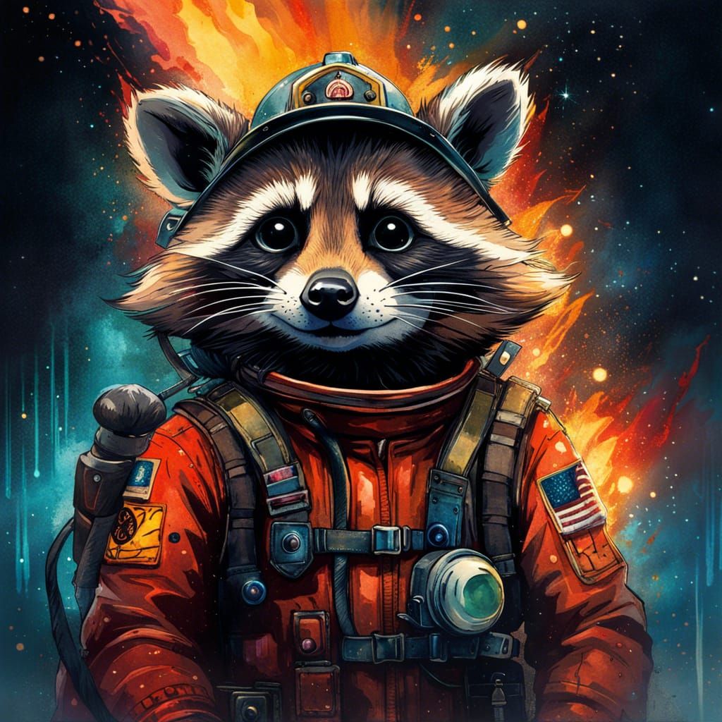 Anime Raccoon Firefighter Portrait in Watercolor Style