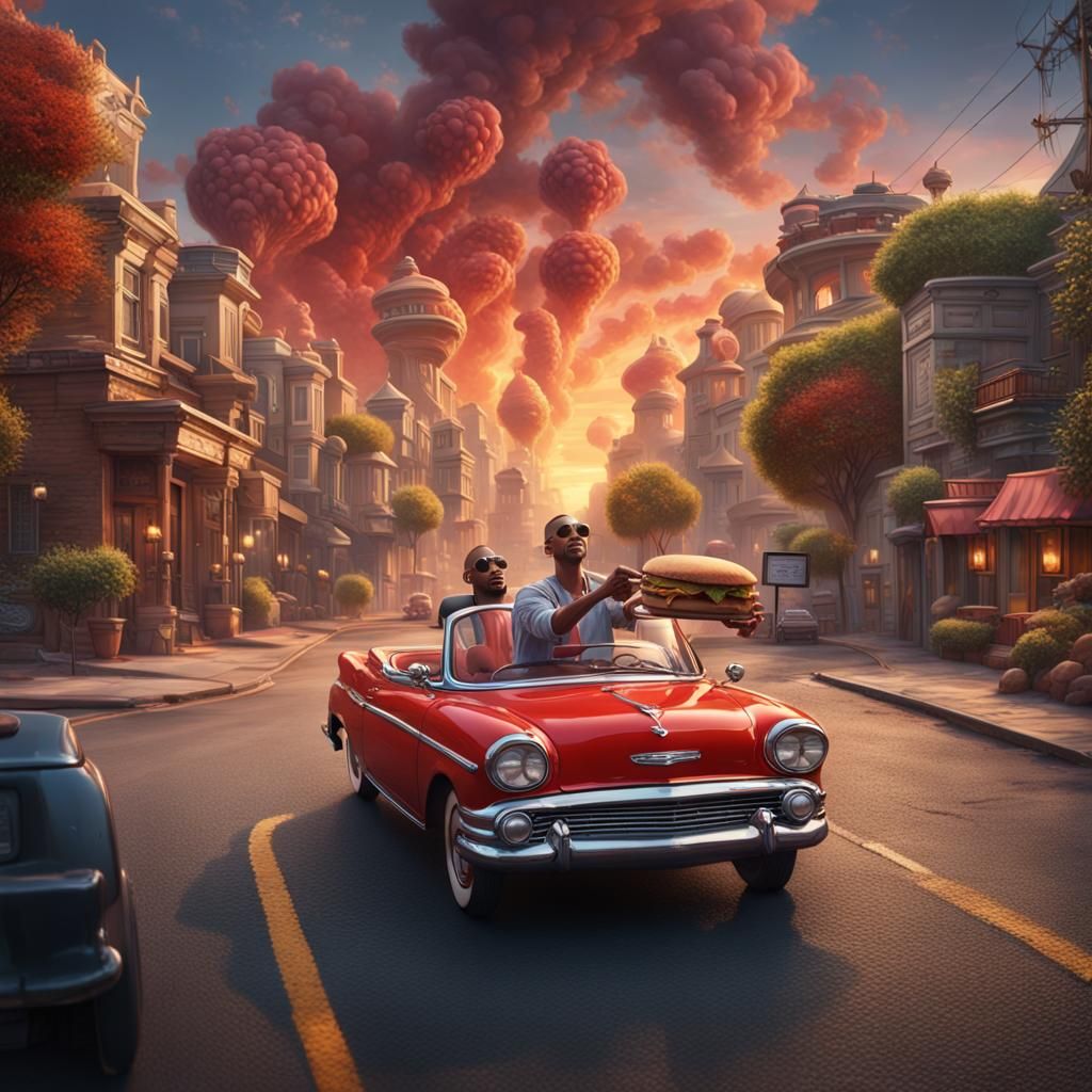 Man Drives Tiny Car in Detailed Digital Painting