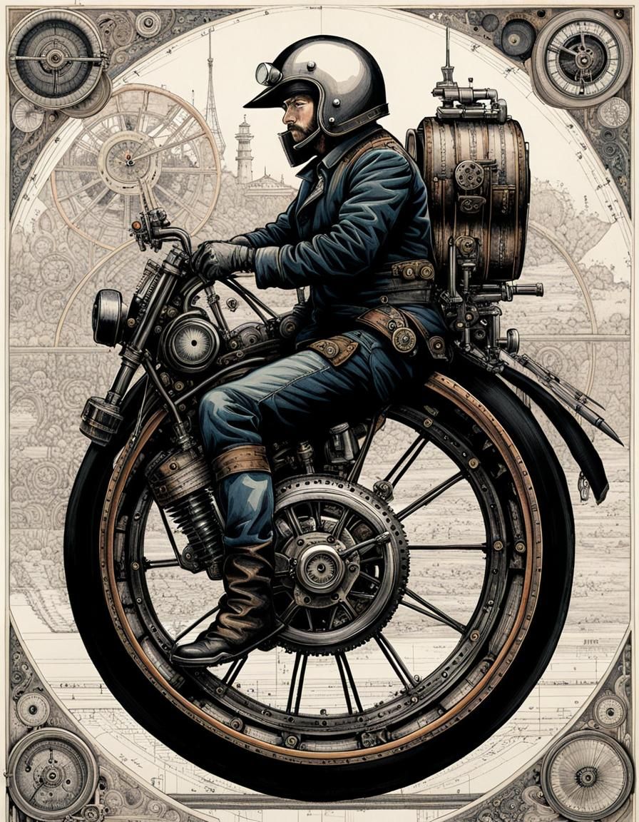 Steampunk Motorcyclist on Monowheel Blueprint in Pen and Ink