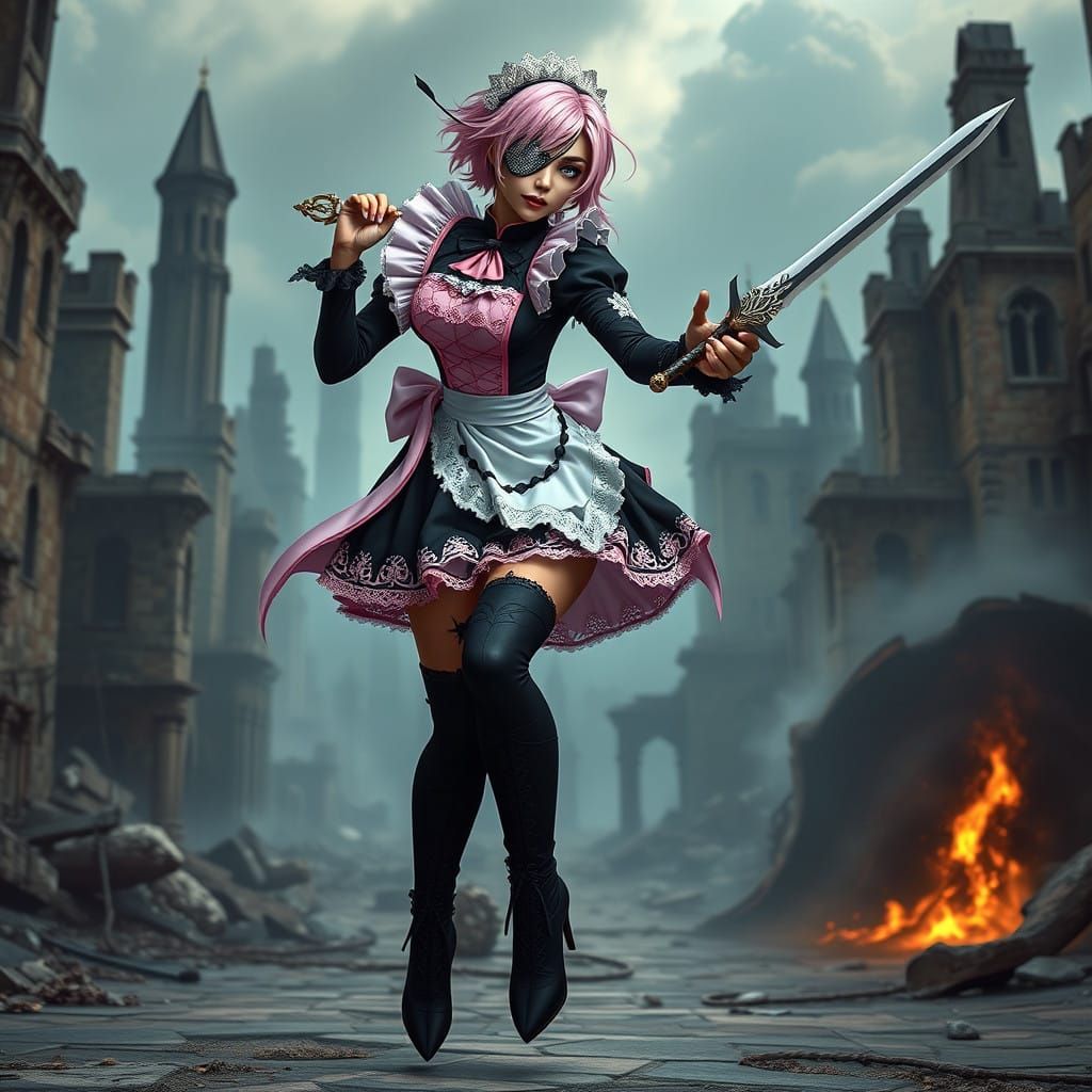 Cyberpunk Fantasy Maid Warrior Leaping into Battle