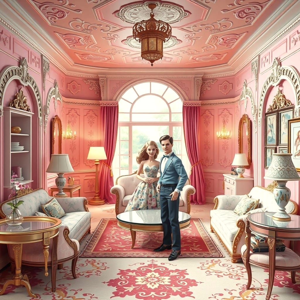 Surreal 1950s-Inspired Barbie Dreamhouse with Whimsical Deta...