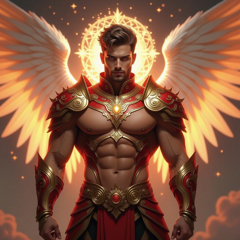 Muscular Angel in Red Gold Zodiac Armor