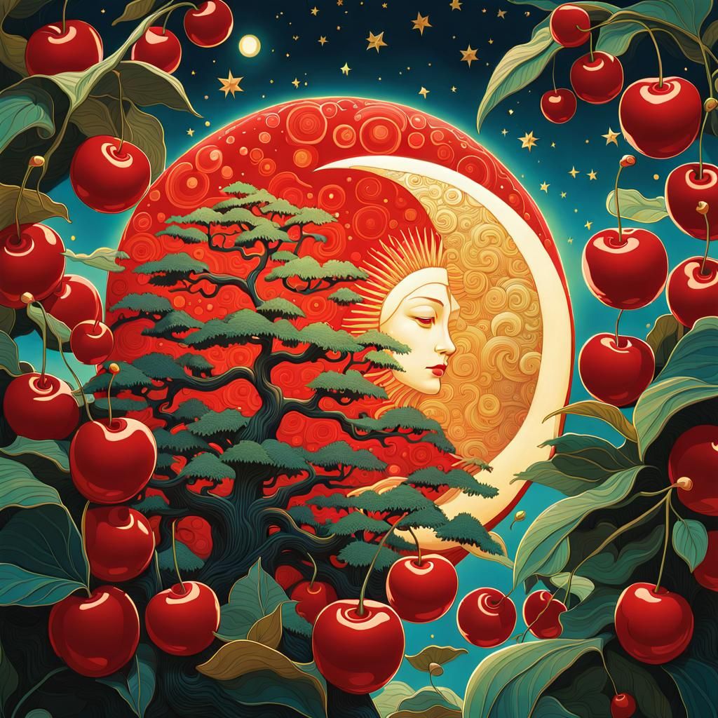 Surreal Cherries Sun and Moon in Fairytale Style