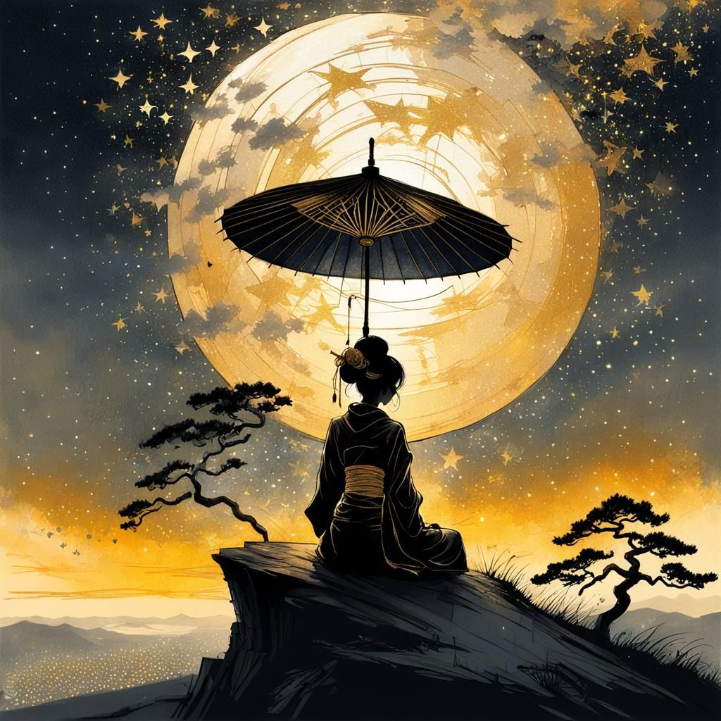 backshot of a silhouette lonely geisha with an umbrella