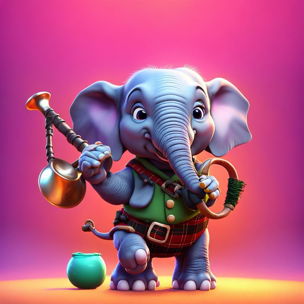 Baby Elephant Playing Bagpipes: Pixar-style 3D Art