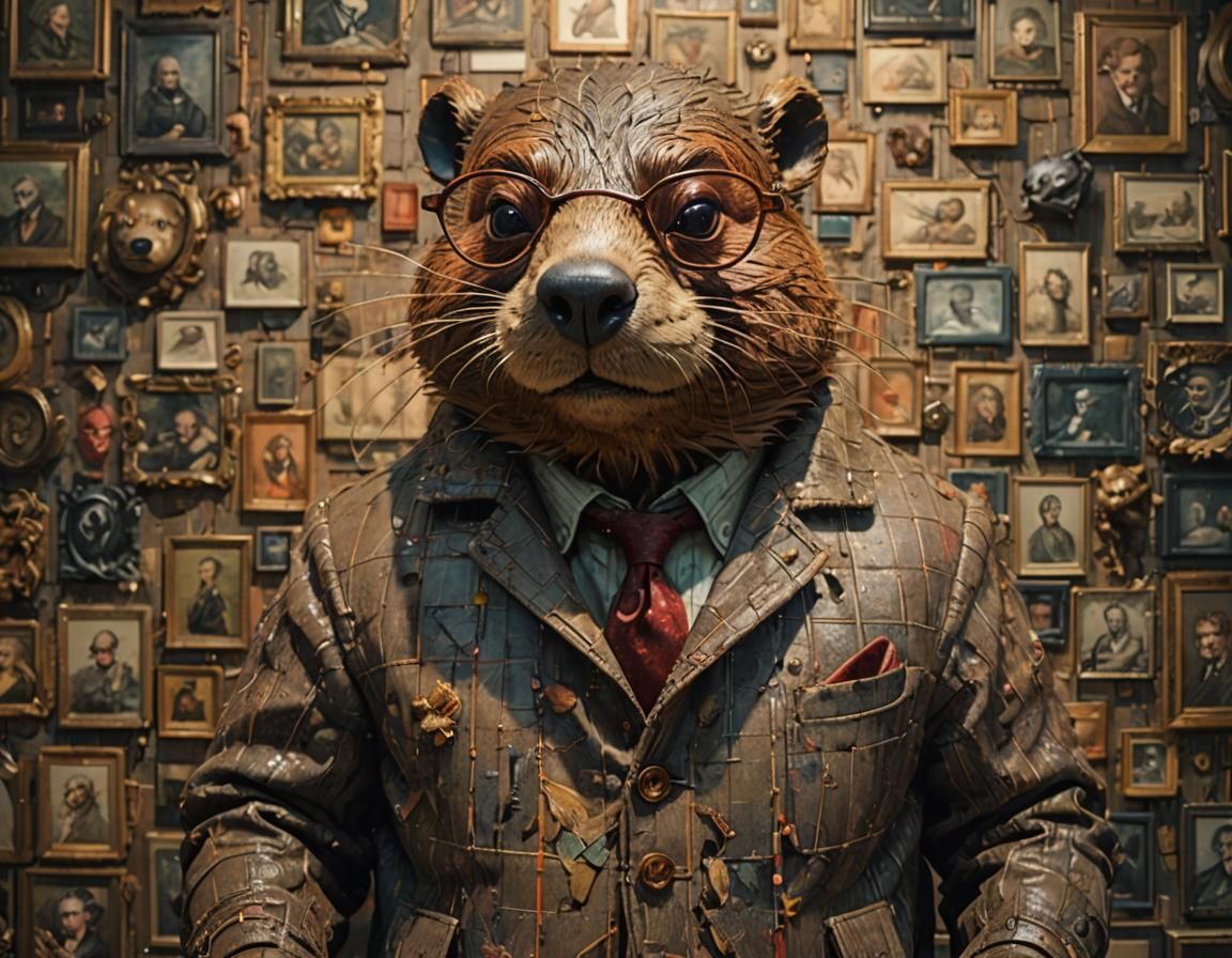 Beaver in Tweed Jacket Hugging Ornate Wall