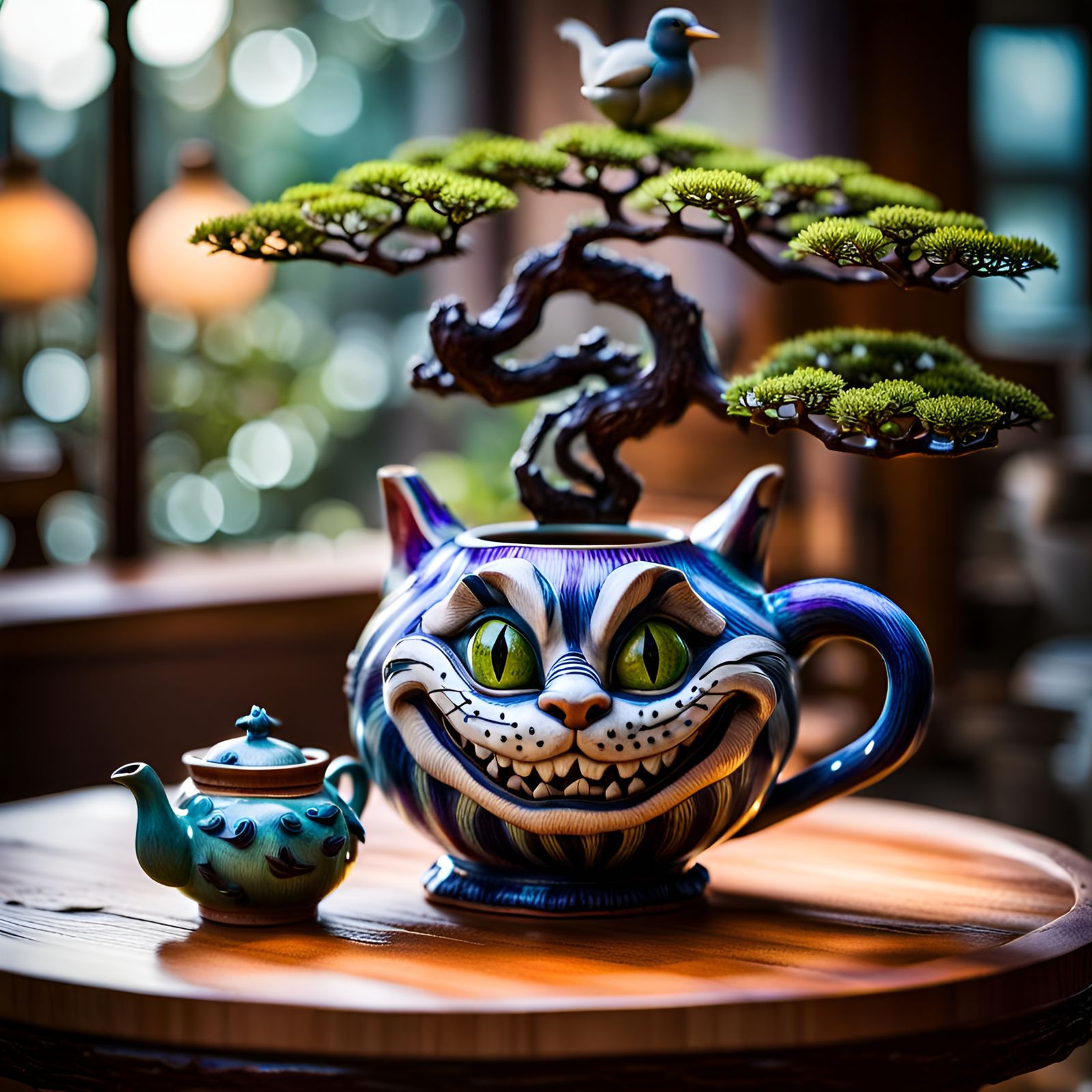 Cheshire Cat Teapot with Bird, Hyperrealistic Photography