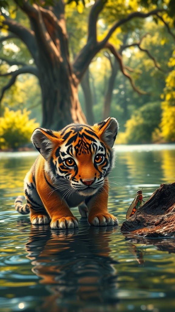 Baby Tiger Discovers Iridescent Insect in Vibrant Green Natu...