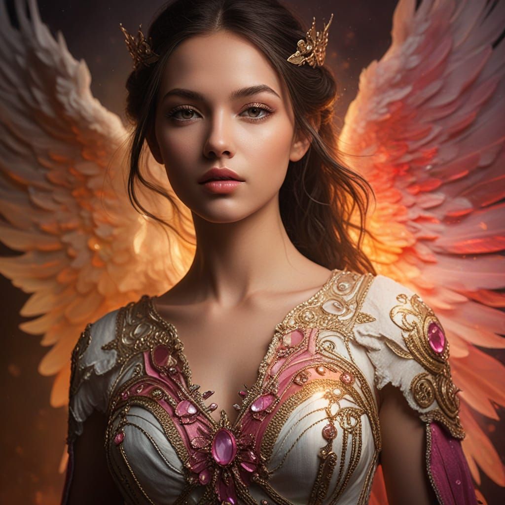Sensual Angel with Pink Wings and Silver Crown