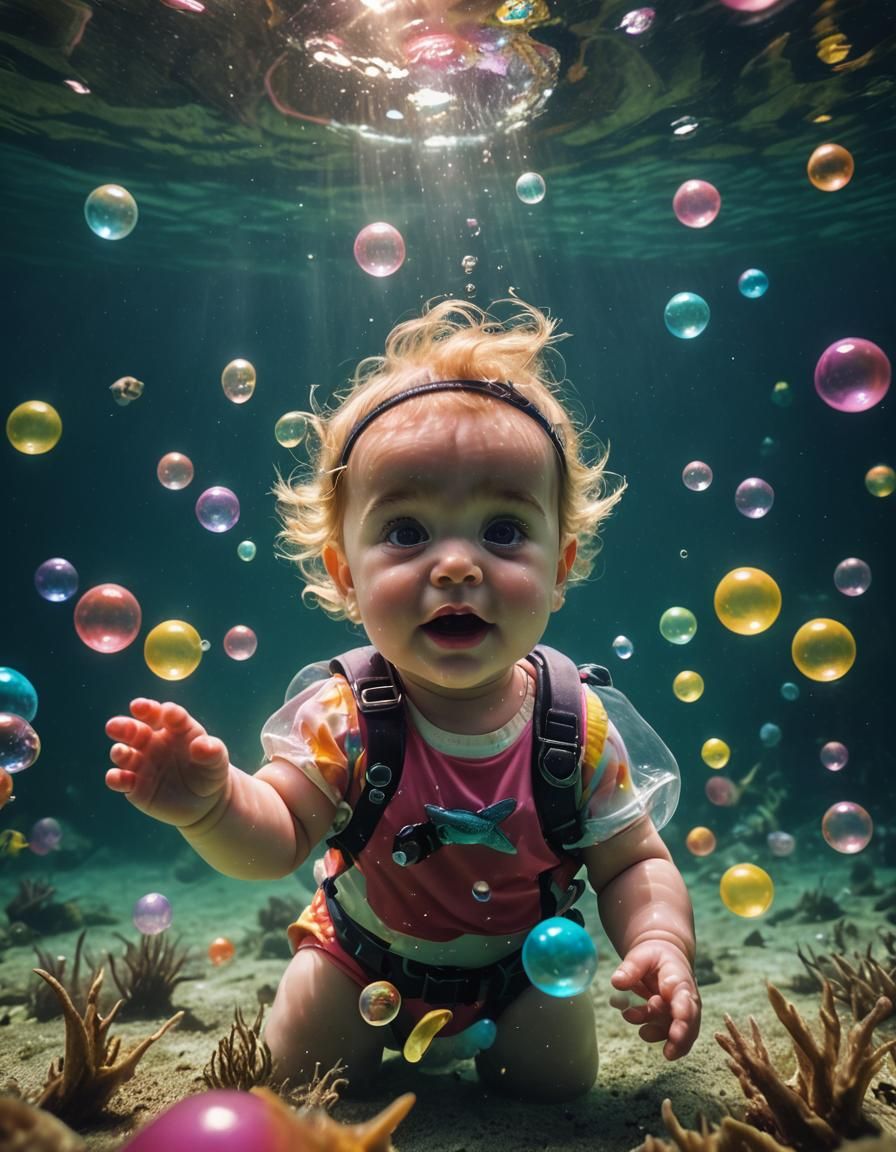Cinematic Underwater Baby with Bubbles and Shines