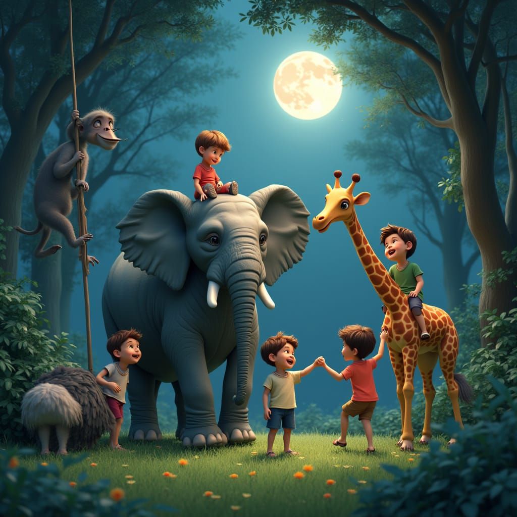 Children Play with Exotic Animals in a Vibrant Forest