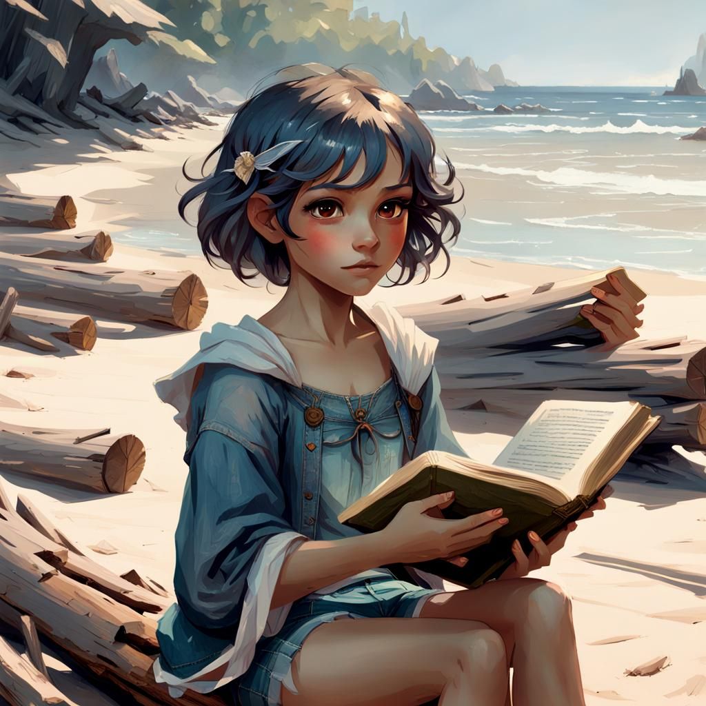 Child on Beach Reading, Hyperdetailed Digital Portrait