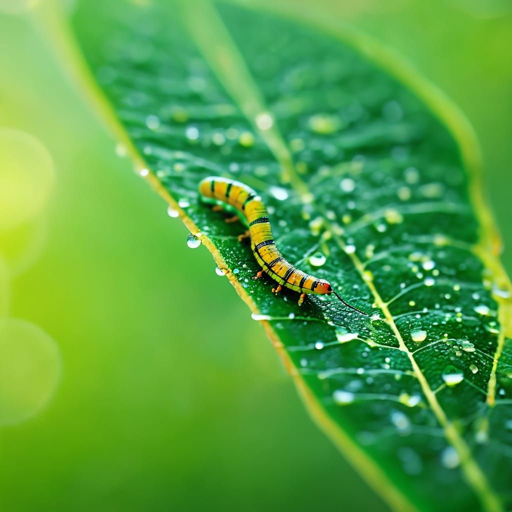 Macro Closeup of Colorful Inchworm on Green Leaf