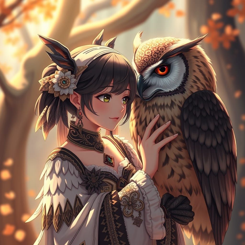 Anime Woman Nuzzling Owl in Warmly Lit Scene
