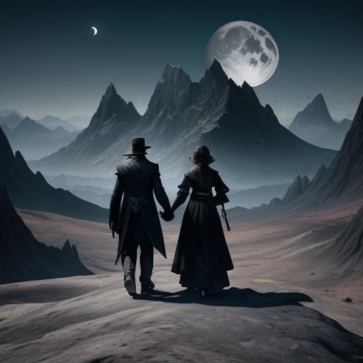 Moonlit Mountain Shadow Couple: Fantasy Concept Art