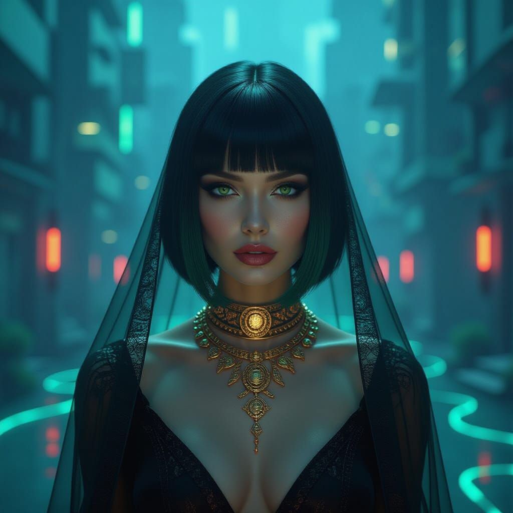 Cyber-Noir Woman with Green Hair and Data City