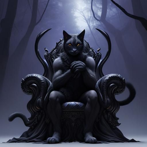 Low-Poly Devil Cat on Throne in Dark Fantasy Forest