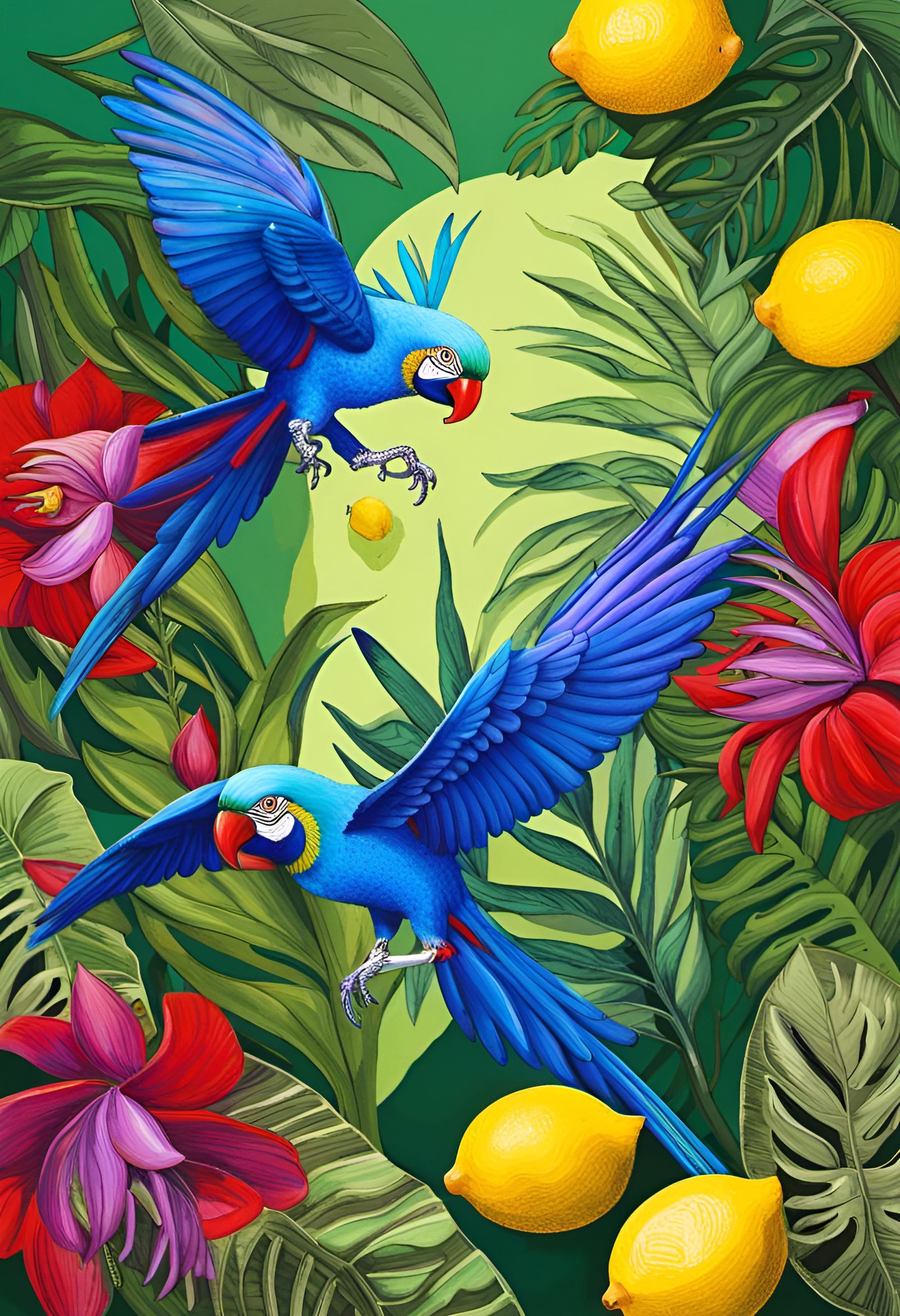 Blue Parrots Flying Over a Maximalist Jungle