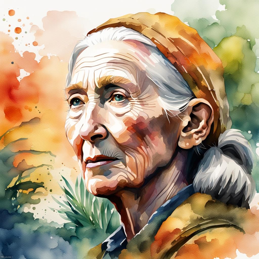 Watercolor profil painting of Jane Goodall