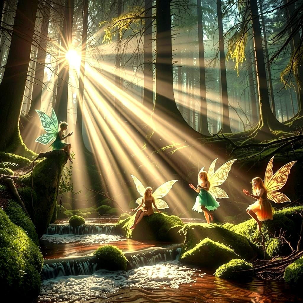Fairies Playing in Sunbeams, Photorealistic Forest Scene