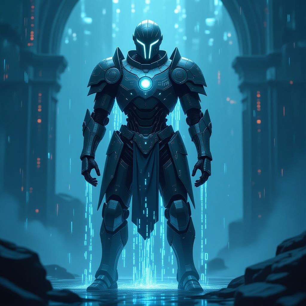 Mechanical Knight Guards Digital Realm in Dark Fantasy Style