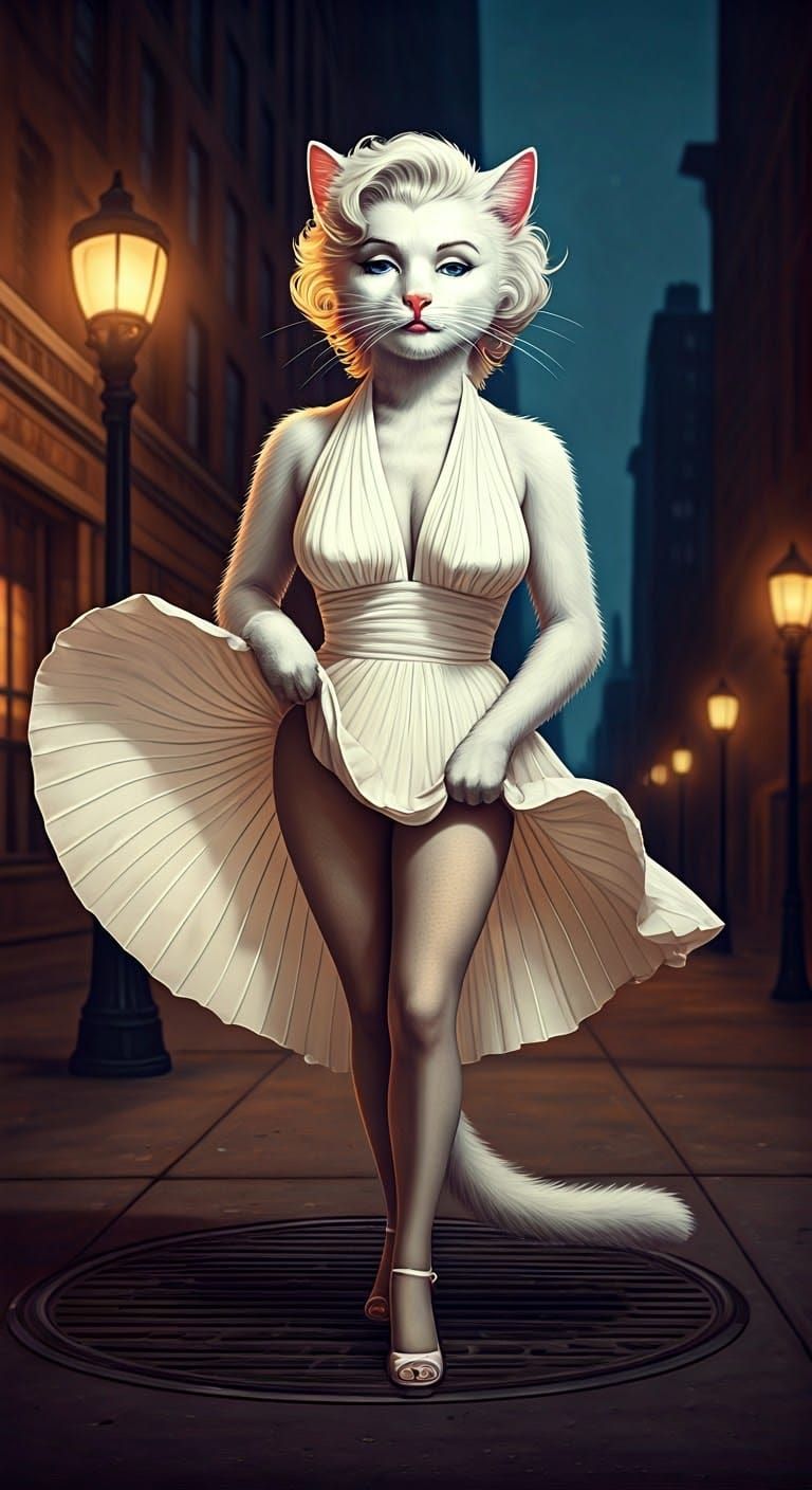 Elegant White Cat Embodying Marilyn Monroe's Style in Iconic...