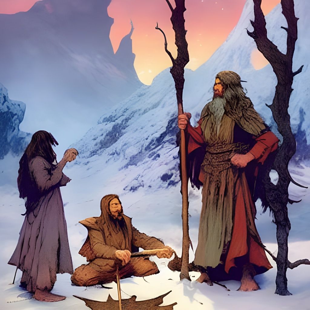 Warriors and Wizard in Snowy Valley, Fantasy Art