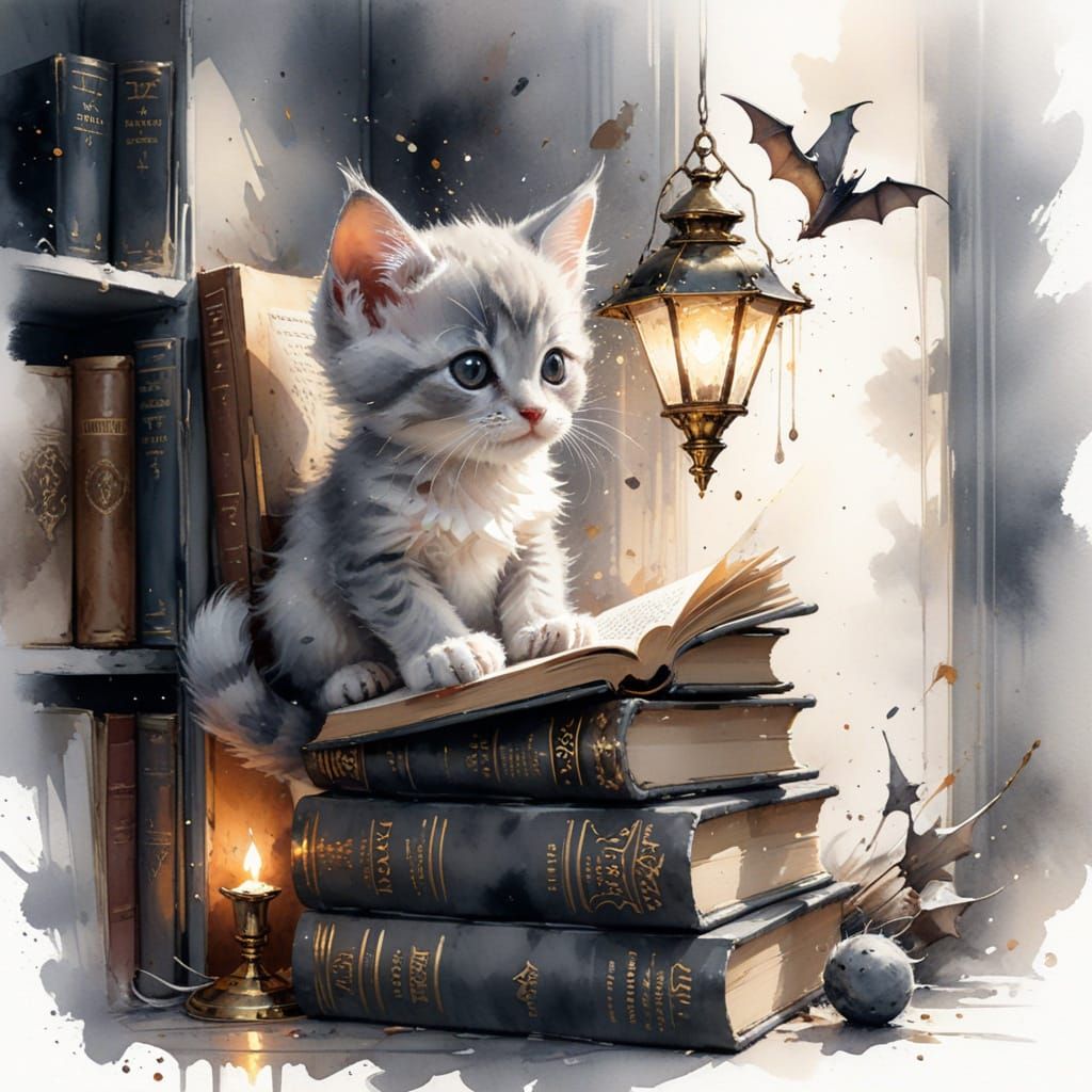 Kitten in Book Nook: Watercolour Fusion of Styles
