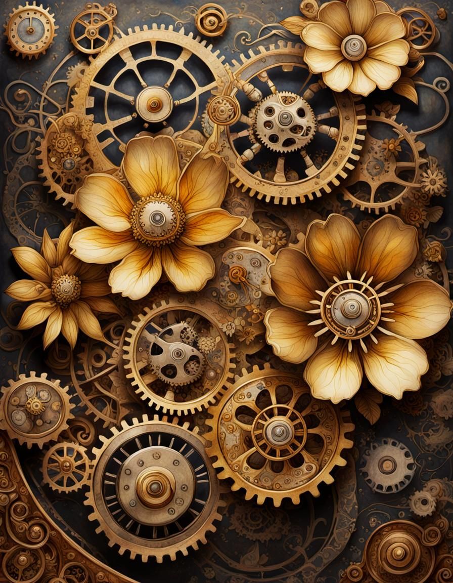 Anamorphic Steampunk Floral Watercolor with Clockwork