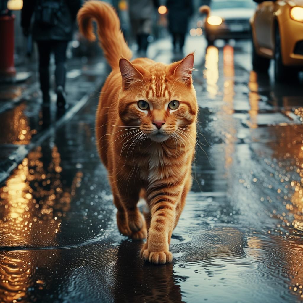 Ginger Cat in a Wet City Street, Cinematic Digital Art