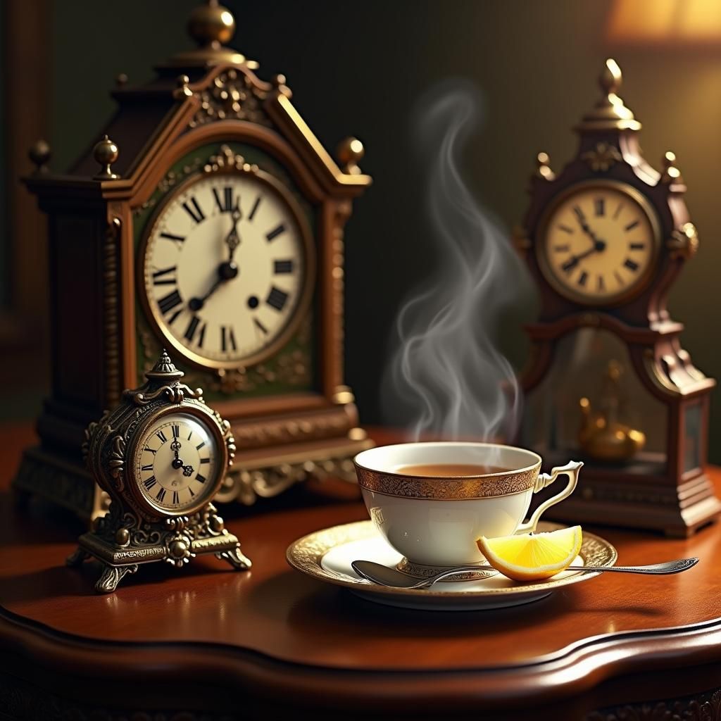 Antique Clocks and Tea in Fantastical Lighting