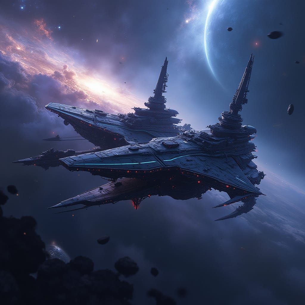 Epic Starship Gliding Through Deep Space