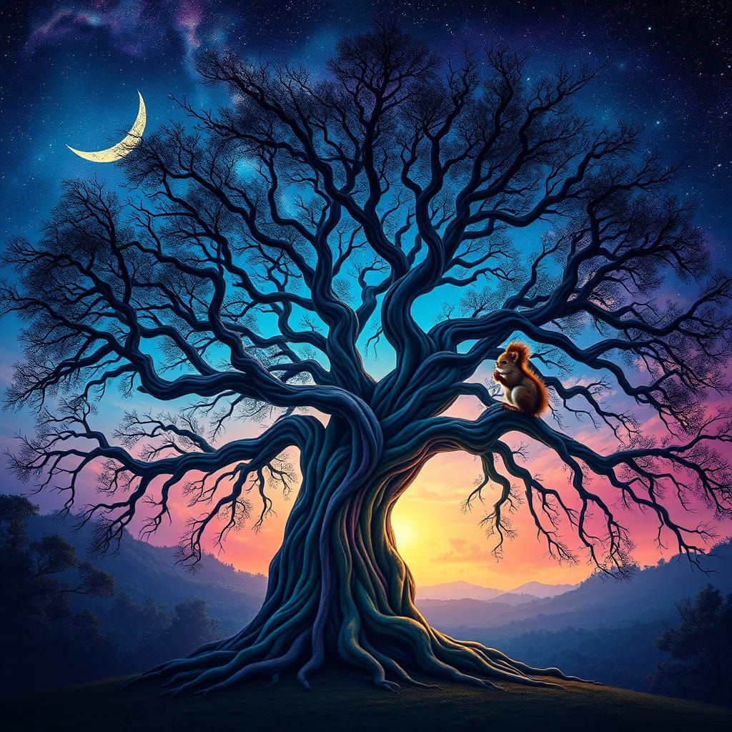 Majestic Rainbow Oak Tree Under Starry Night Sky with Squirr...