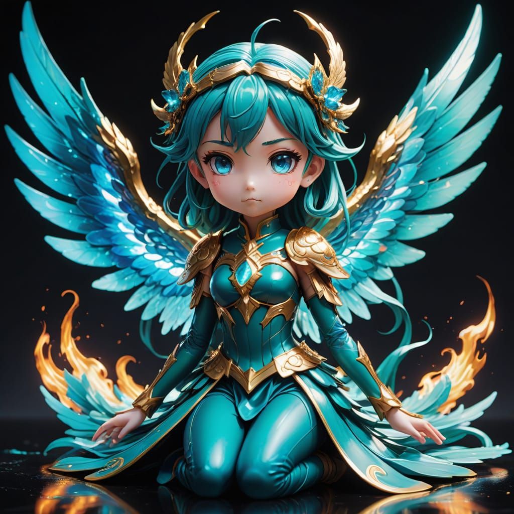 Majestic Chibi Fairy Phoenix with Vibrant Teal Flames