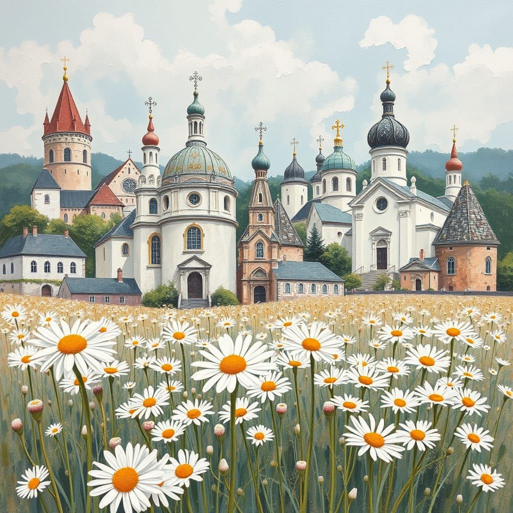 Dreamlike Collage of Saxon Churches and Daisies