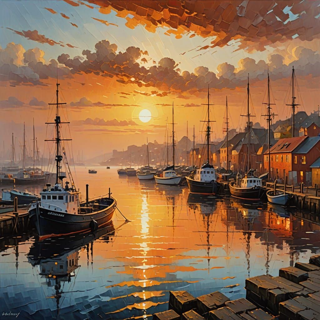 Majestic Sunrise Over Harbor as Impasto Painting