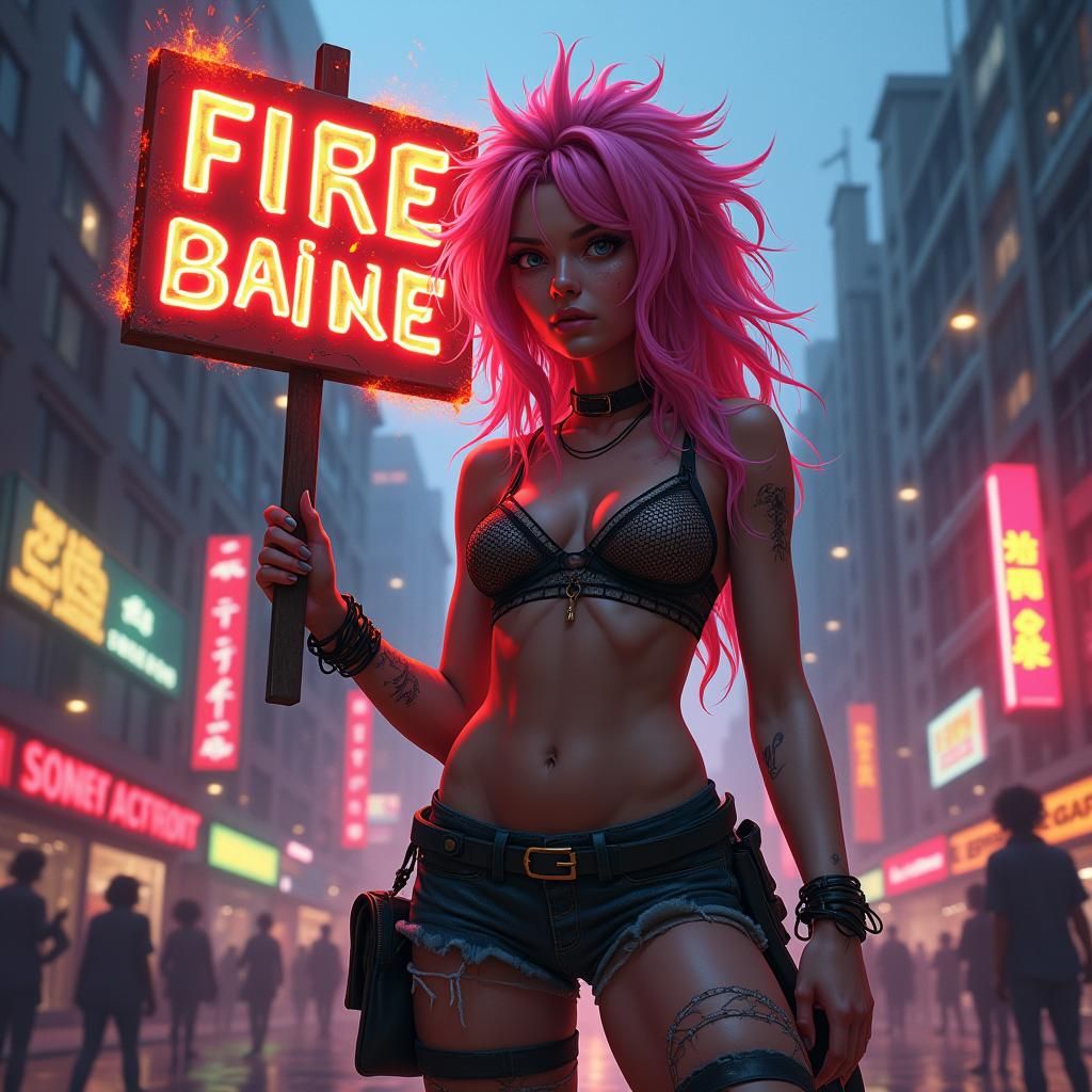 Fiery Haired Punk in Expressionist Cyberpunk Cityscape