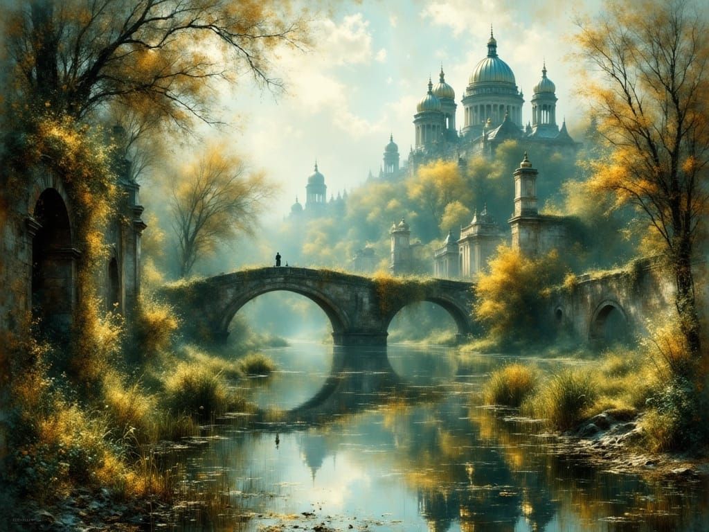 Ethereal Ruins: Foggy Cityscape with Temples and Bridges