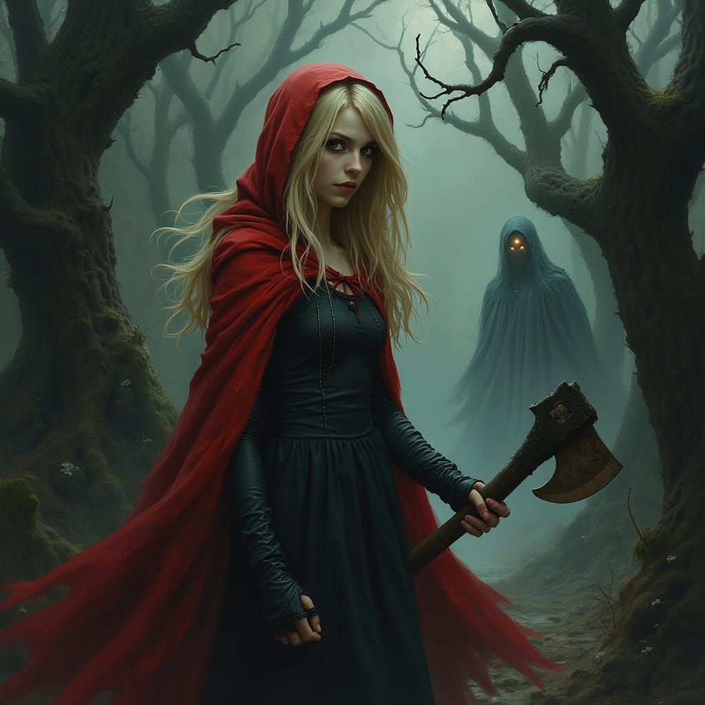 Red Cloak Woman in Ominous Forest