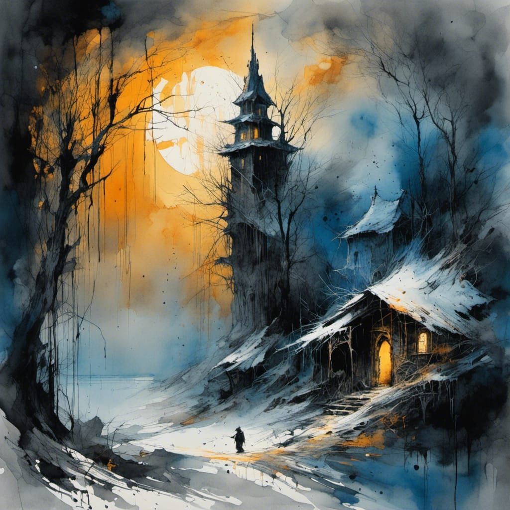 Monk in Snowstorm: Watercolor Splash Art